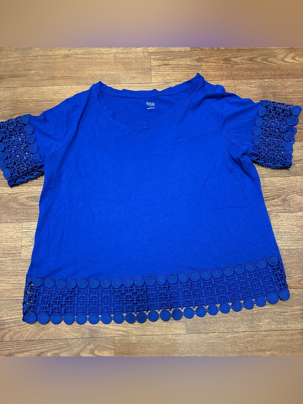 a.n.a Royal Blue Short Sleeve Top with Crochet Circle Hem